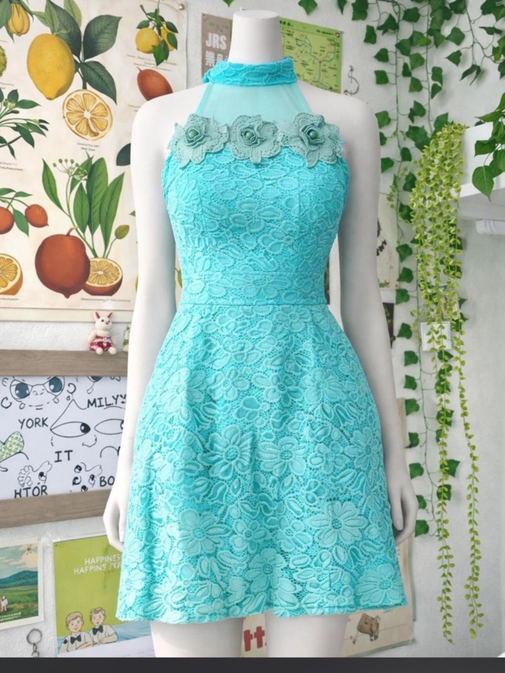 Sleeveless Aqua Lace Halter Fit-and-Flare Dress